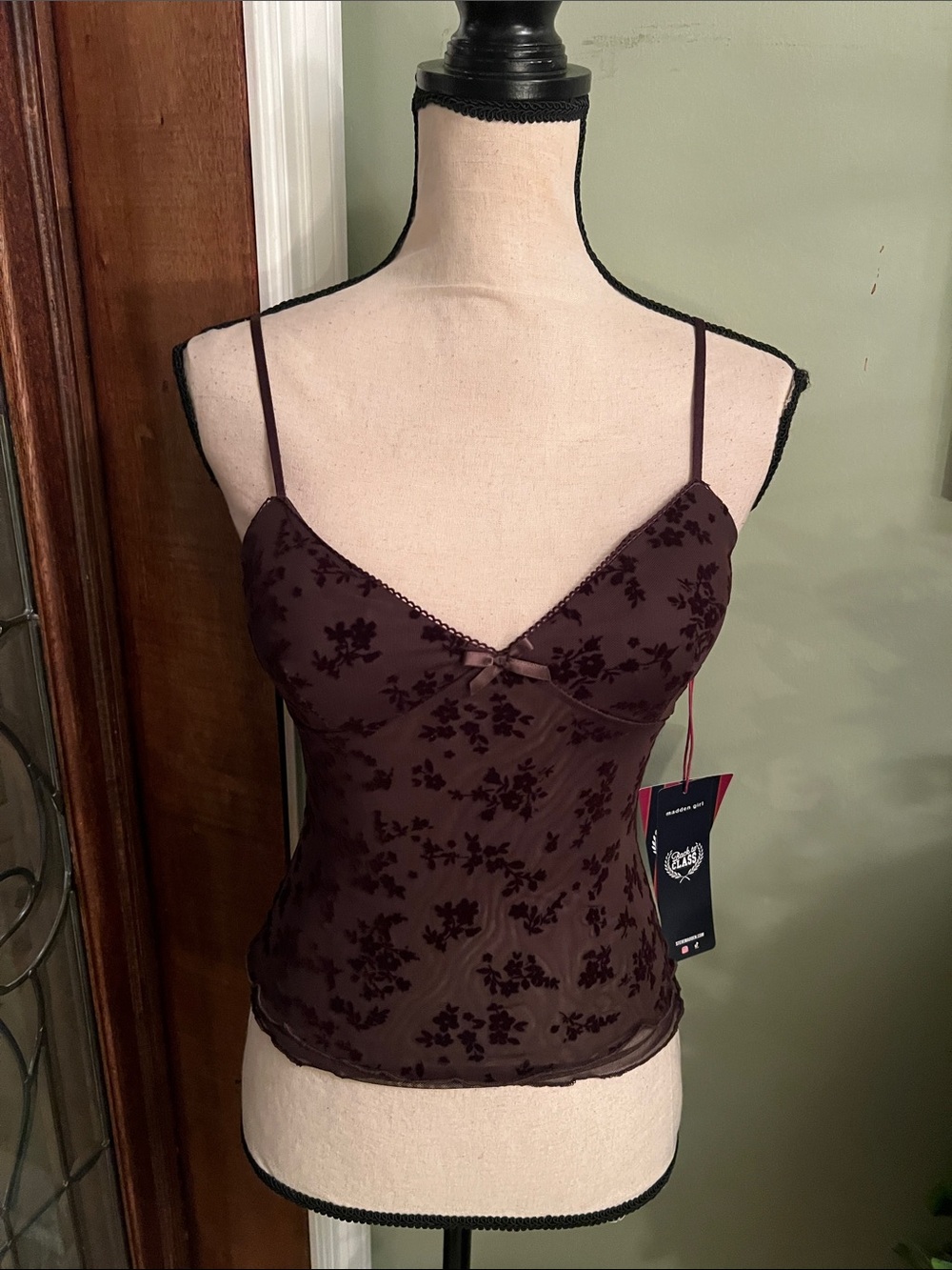 Madden Girl Floral Velvet-Print Spaghetti Strap Cami